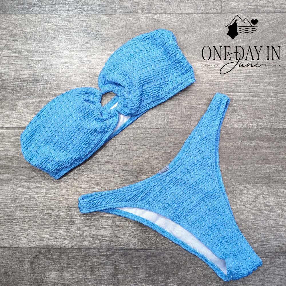 Adisputent Textured Bandeau Bikini Swimsuit Blue Ring Detail Size S